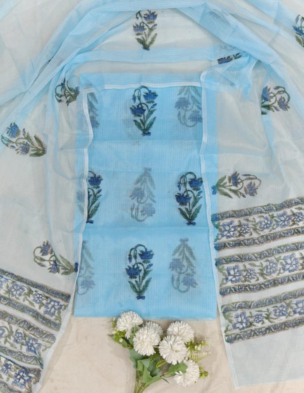 Premium Blue Kota Doria Dress Material with Floral Prints & Dupatta