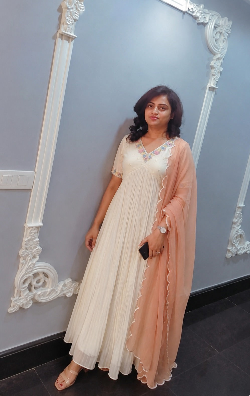 Ivory Georgette Pleated Gown with Pastel Embroidered V‑Neck & Peach Dupatta