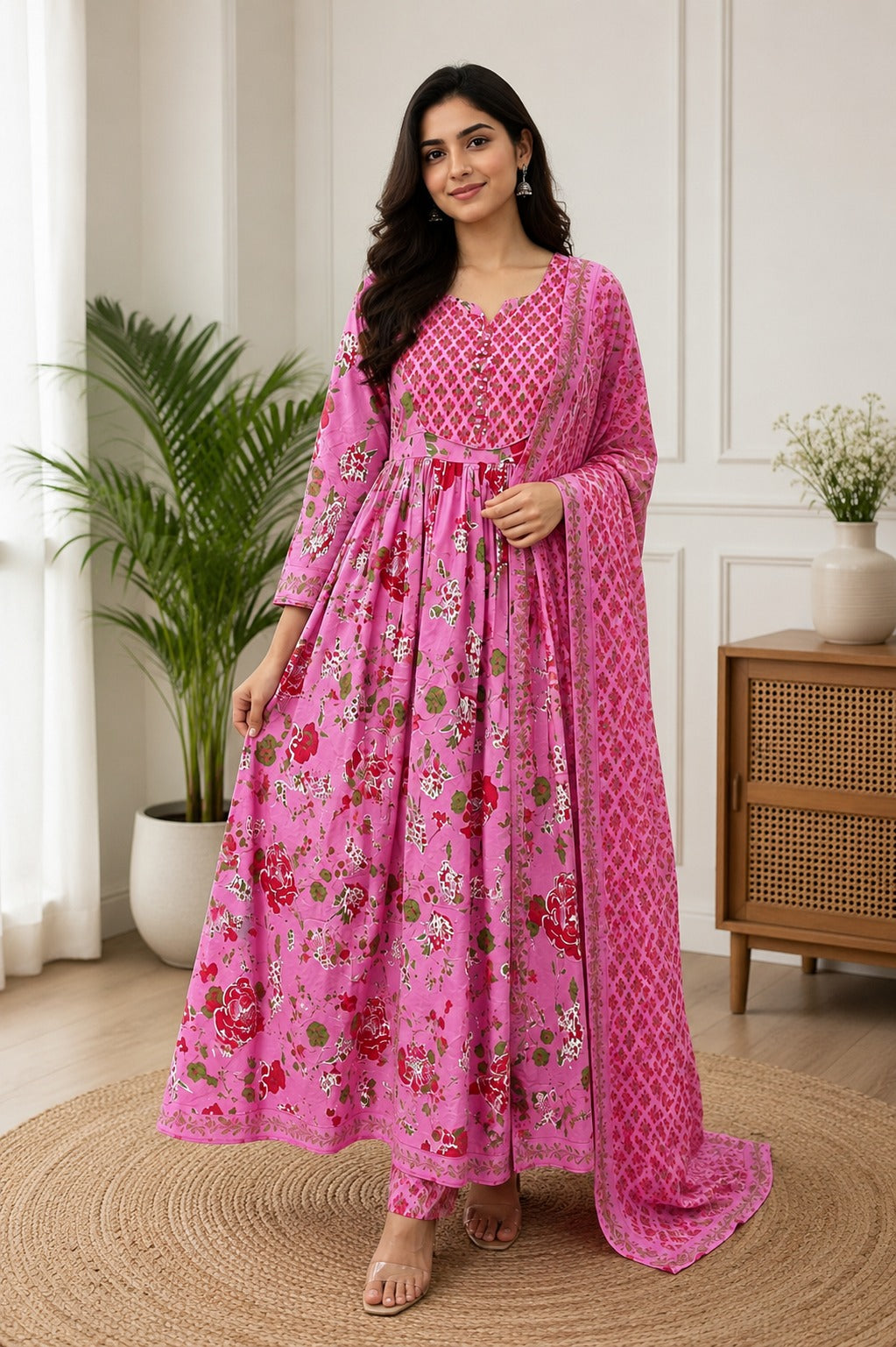 Pink Cotton Flared Anarkali Kurta Set with Floral Print, Pants & Dupatta