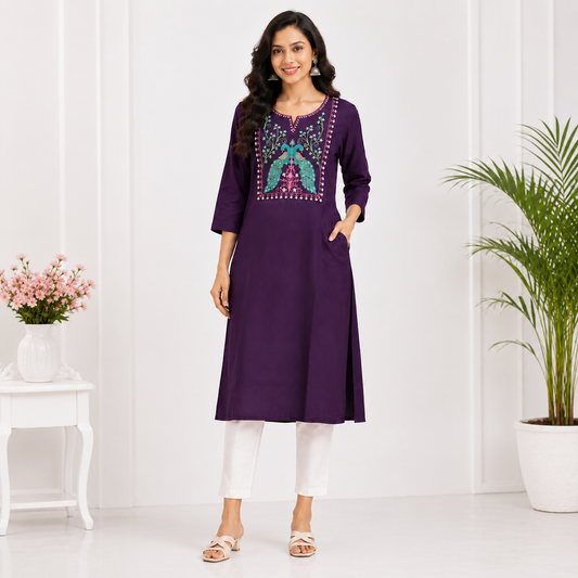 Elegant Purple Embroidered Rayon Kurti for Women