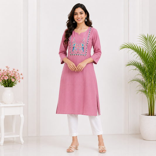 Elegant Pink Embroidered Rayon Kurti for Women