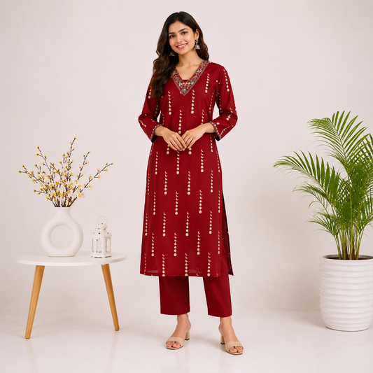 Elegant Red Embroidered Kurti Set for Women – Top & Bottom