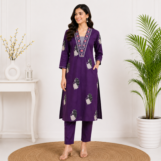 Elegant Purple Embroidered Kurti Set for Women – Top & Bottom