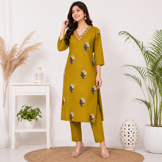 Olive Embroidered Kurti with Matching Bottom Set | Dabbu Cotton | Elegant Ethnic Wear for Women