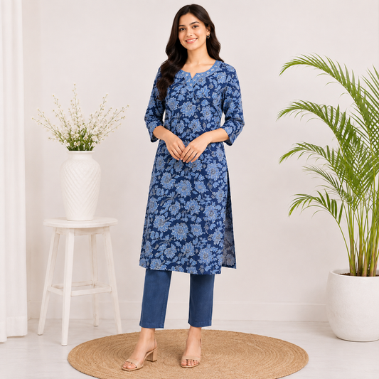 Navy Blue Small Embroidered Kurti for Women | Soft Viscose Fabric | Elegant Ethnic Wear