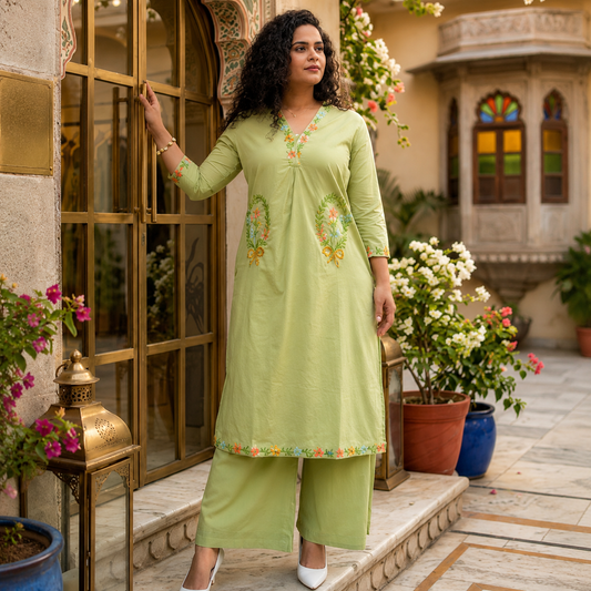 Elegant Green Cotton Co-Ord Set for Women | Premium Appliqué Work | Comfortable Ethnic Wear Set