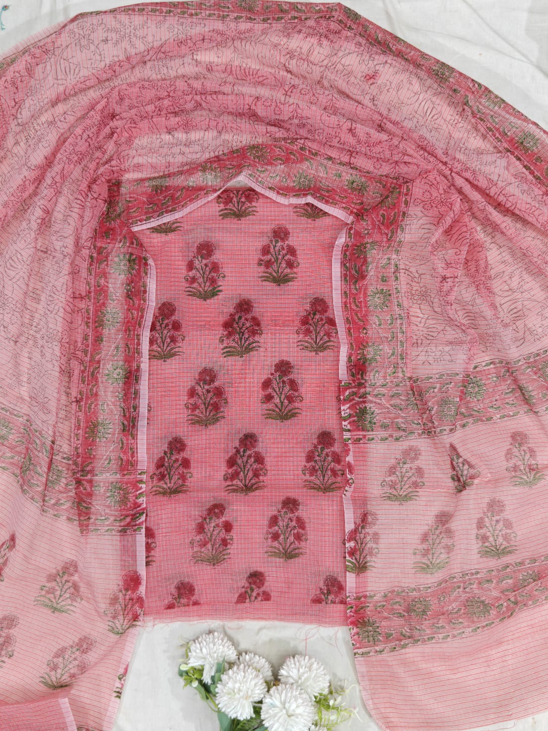 Premium Pink Kota Doria Dress Material with Floral Prints & Dupatta