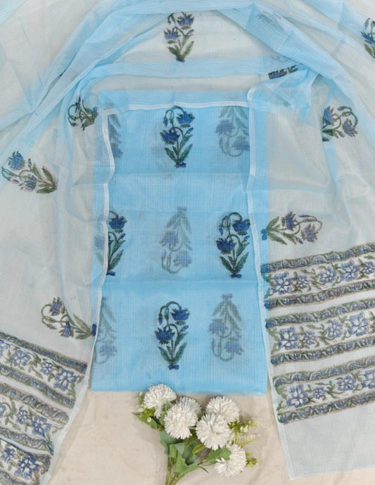 Premium Blue Kota Doria Dress Material with Floral Prints & Dupatta