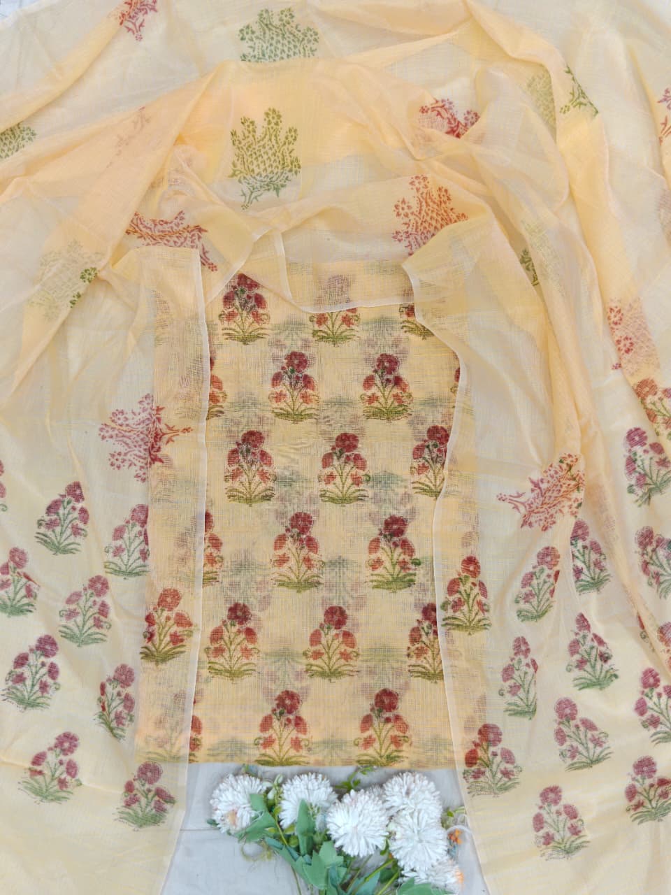 Soft Ivory Cream Kota Doria Unstitched Dress Material with Floral Block Prints & Dupatta