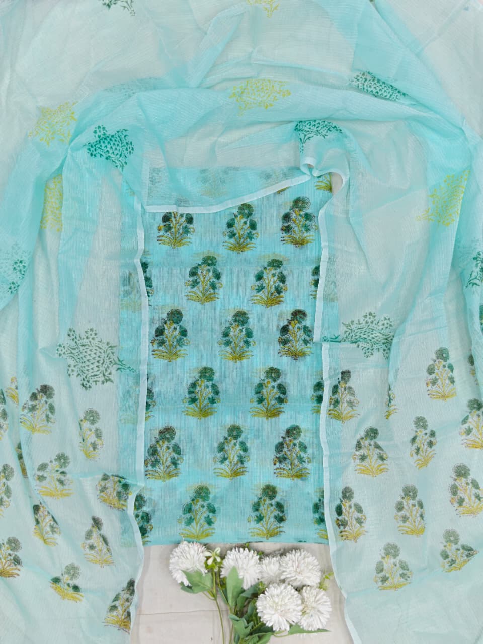 Soft Ivory Cream Kota Doria Unstitched Dress Material with Floral Block Prints & Dupatta