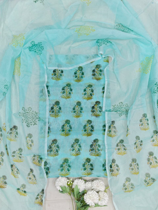 Soft Ivory Cream Kota Doria Unstitched Dress Material with Floral Block Prints & Dupatta