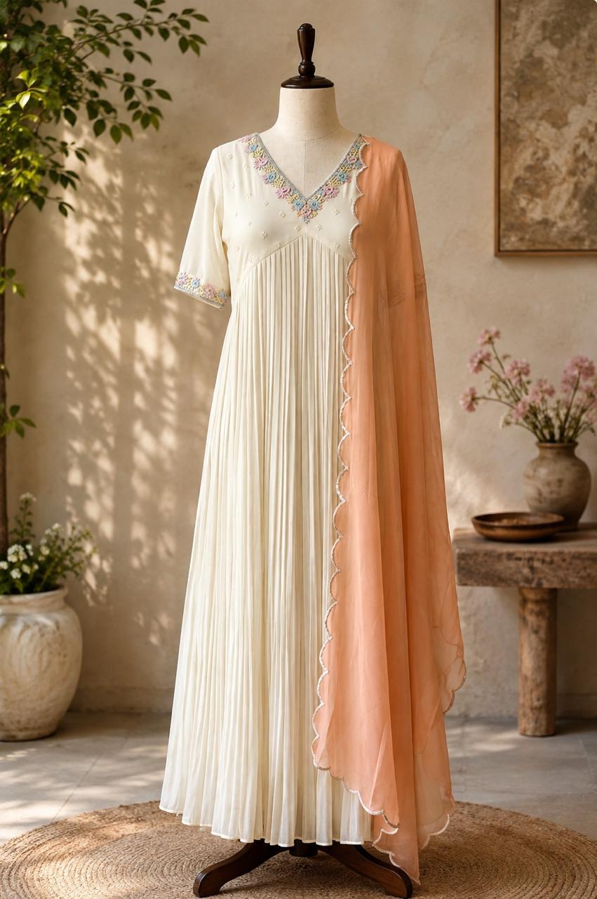 Ivory Georgette Pleated Gown with Pastel Embroidered V‑Neck & Peach Dupatta