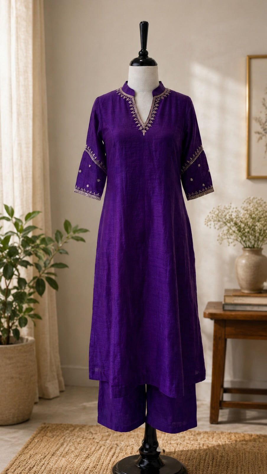 Royal Purple Mulchanderi Kurta Set with Palazzo Pants | Elegant A‑Line Silhouette