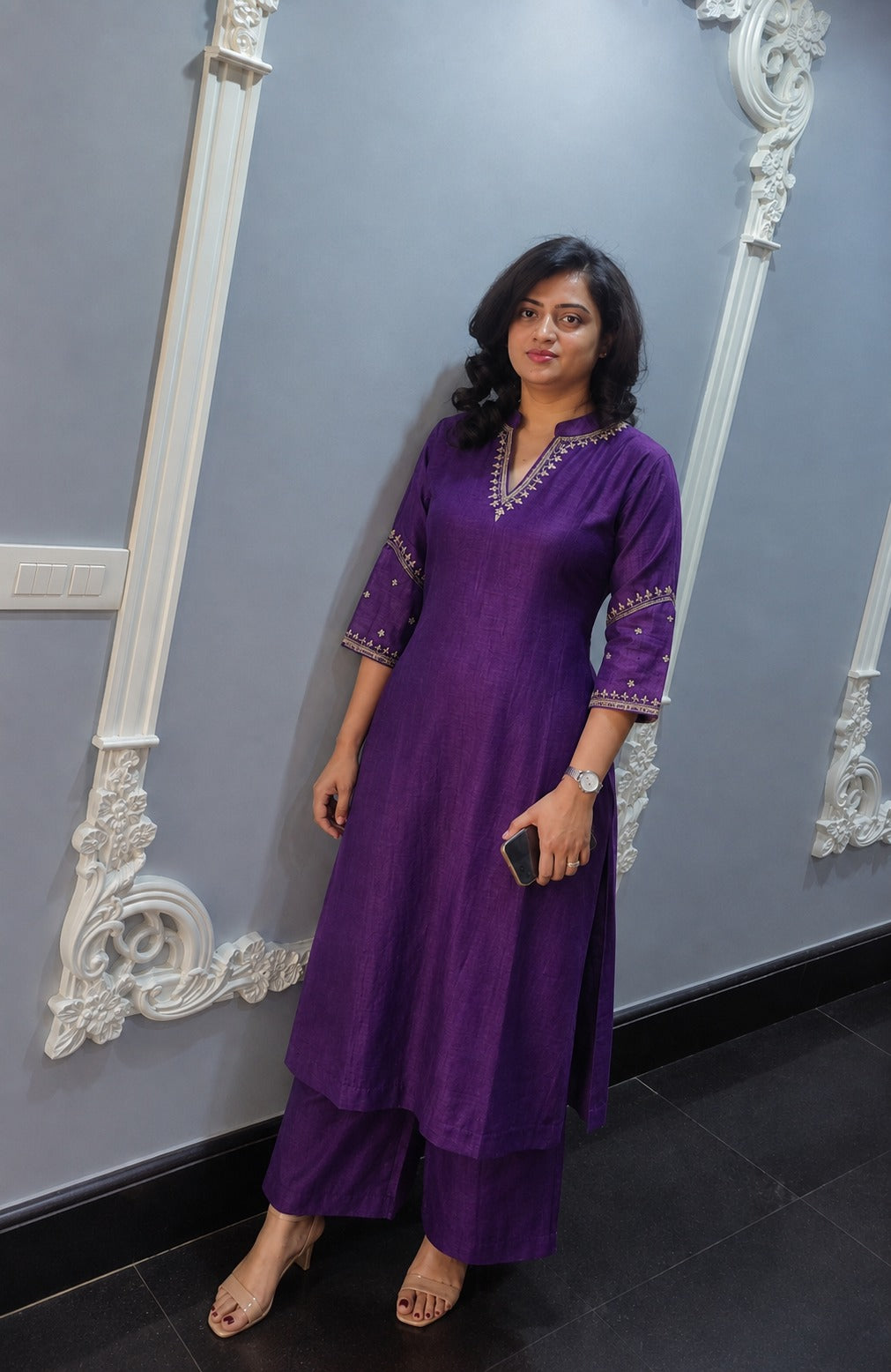 Royal Purple Mulchanderi Kurta Set with Palazzo Pants | Elegant A‑Line Silhouette