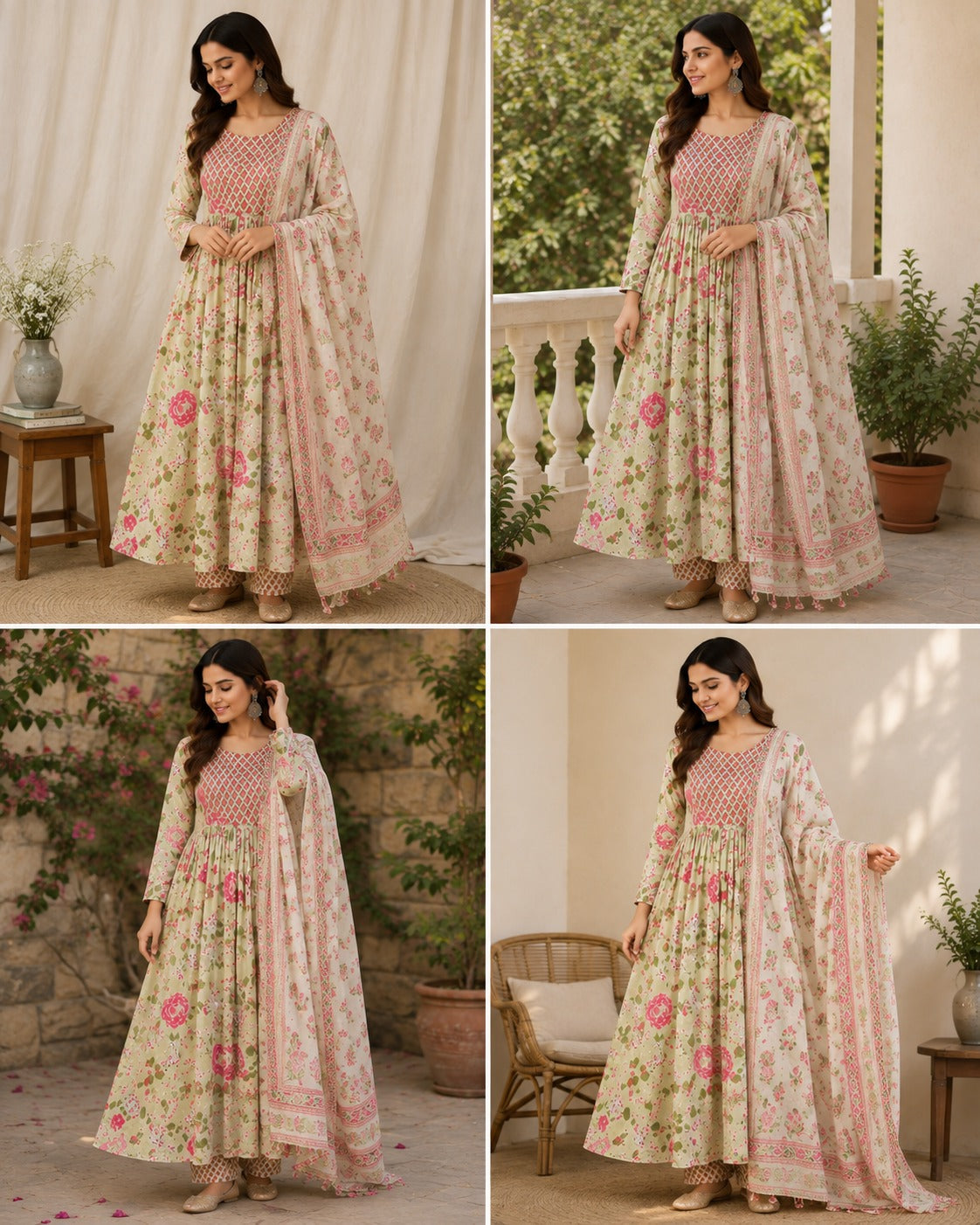 Ivory Cotton Umbrella Anarkali Kurta Set with Floral Print, Palazzo & Dupatta