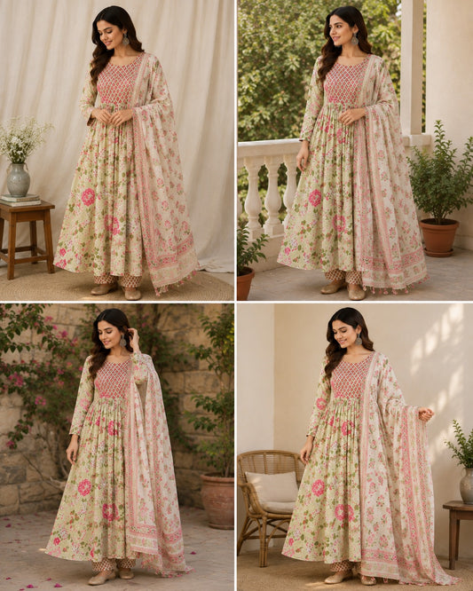 Ivory Cotton Umbrella Anarkali Kurta Set with Floral Print, Palazzo & Dupatta