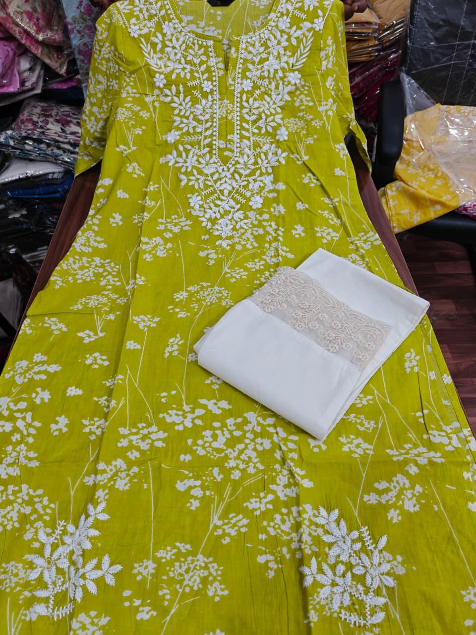 Lime Green Cotton Blend Kurta Set with Floral Embroidery & White Bottoms