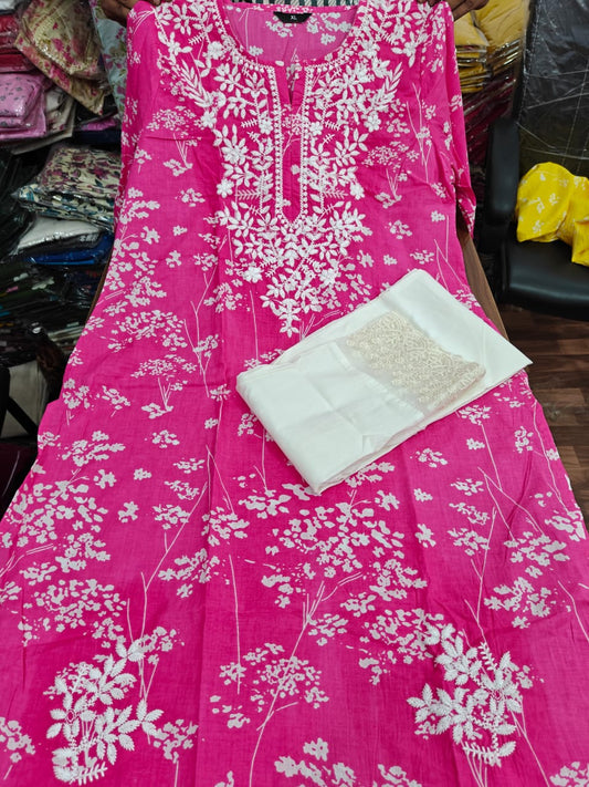 Fuchisa pink Cotton Blend Kurta Set with Floral Embroidery & White Bottoms
