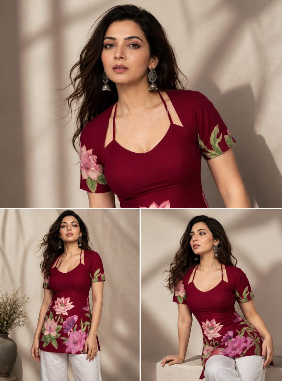 Maroon Floral Print Women’s Tunic Top with Scoop Neck & Double-Strap Design