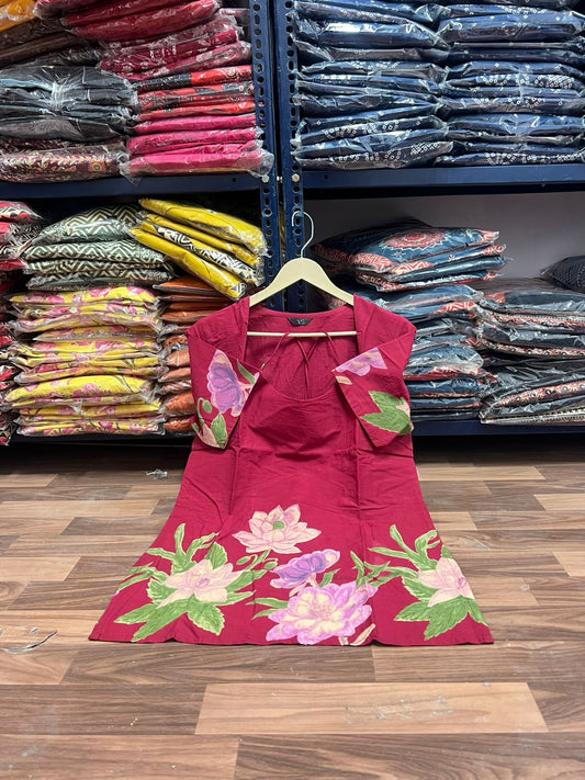 Maroon Floral Print Women’s Tunic Top with Scoop Neck & Double-Strap Design